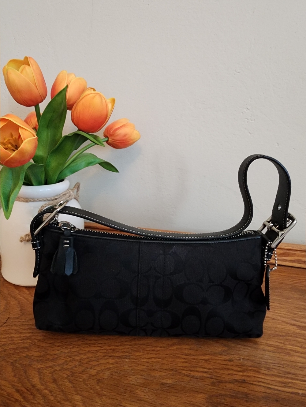 👜VINTAGE COACH Hampton signature jacquard! LIKE NEW! Black, Leather COACH Tag - Picture 3 of 8